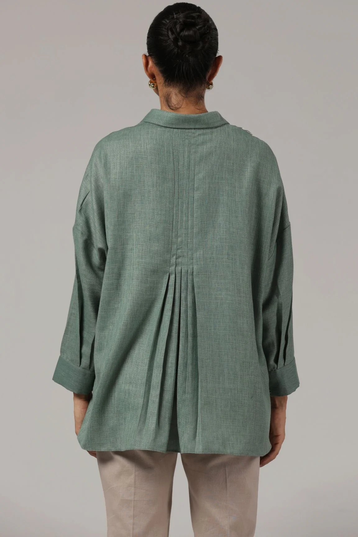 Sage Green Embroidered Collared Relaxed Shirt - Image 3
