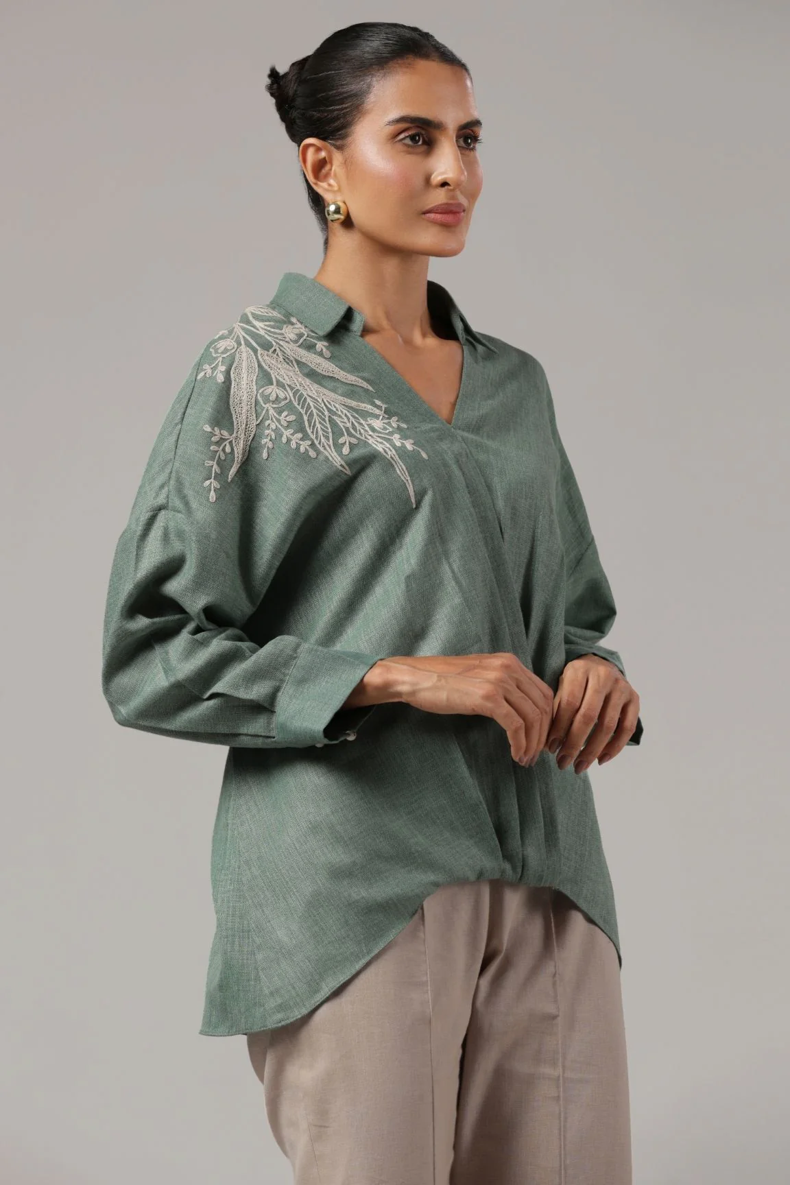 Sage Green Embroidered Collared Relaxed Shirt - Image 4
