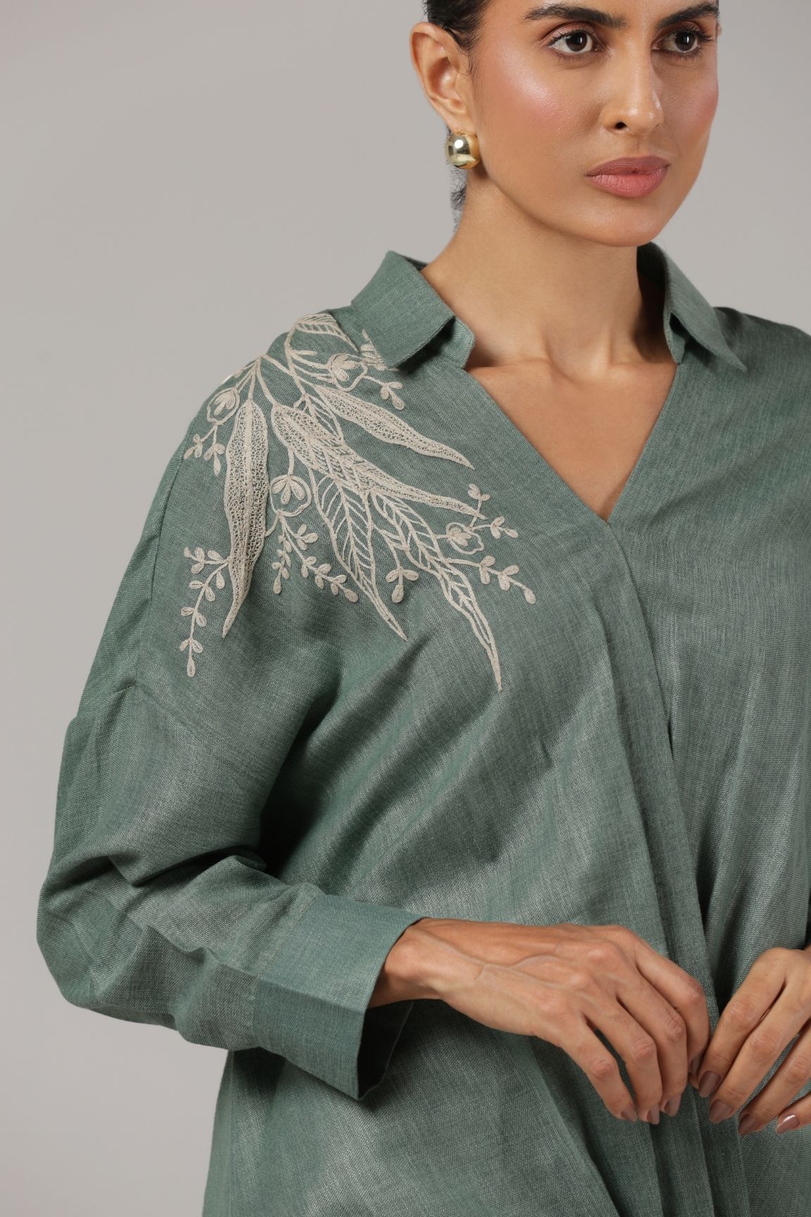 Sage Green Embroidered Collared Relaxed Shirt - Image 5