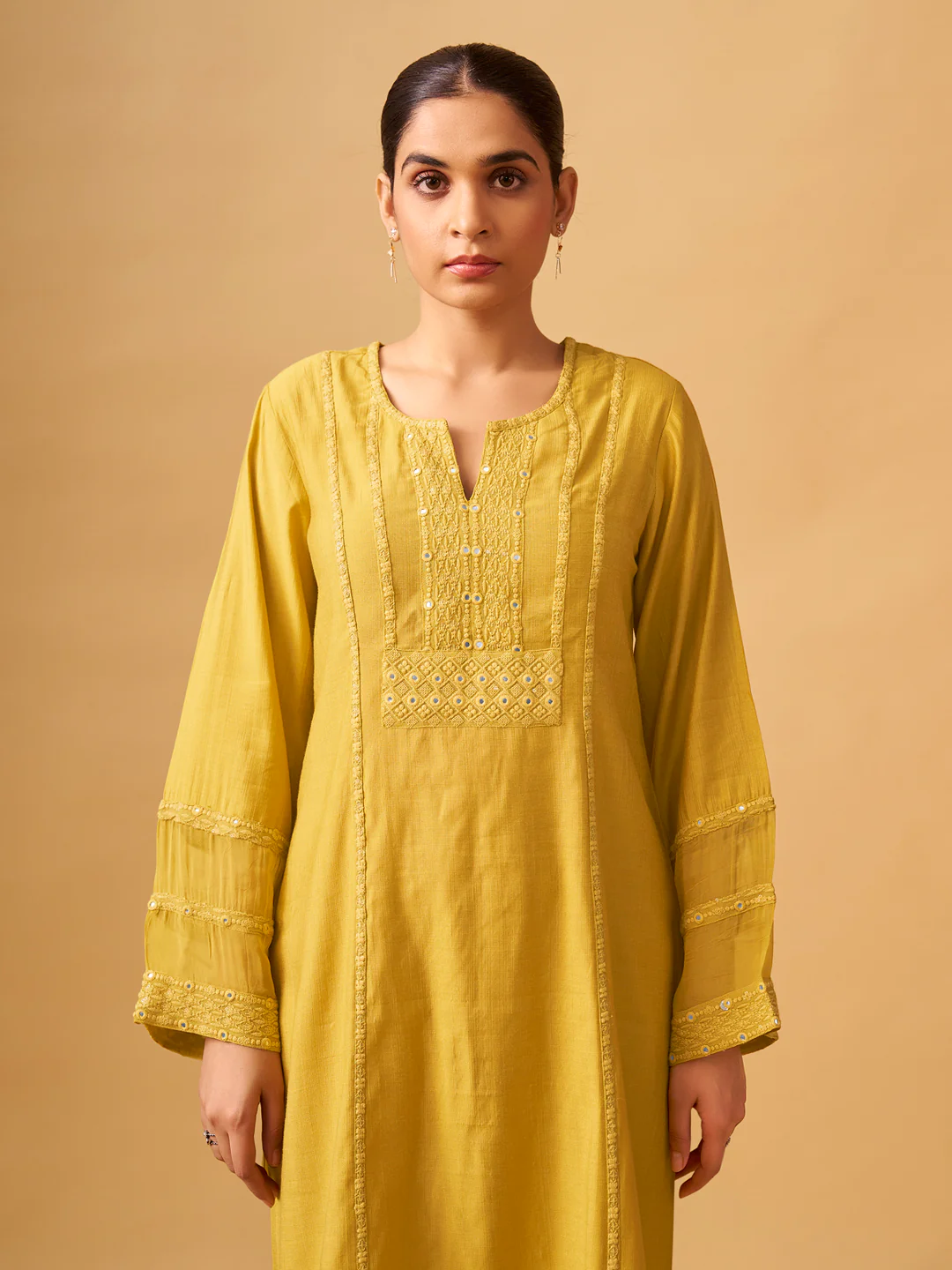 Sunlit Mustard Viscose Blend Kurta Set with Sheer Organza Dupatta - Image 3