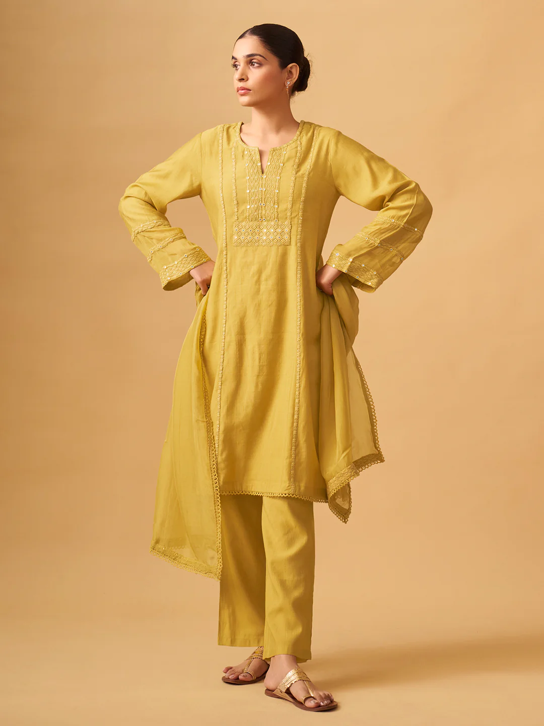 Sunlit Mustard Viscose Blend Kurta Set with Sheer Organza Dupatta - Image 4