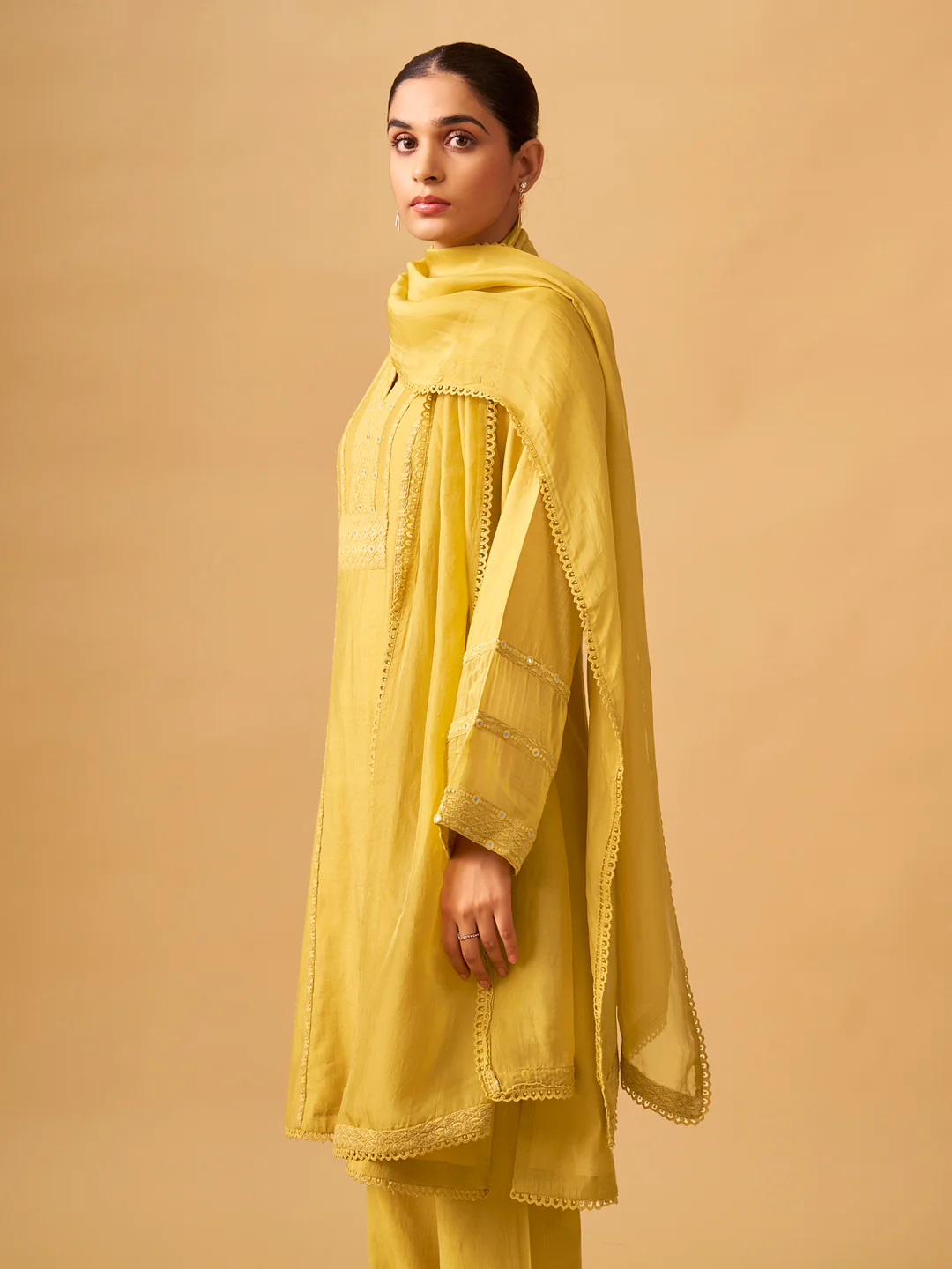 Sunlit Mustard Viscose Blend Kurta Set with Sheer Organza Dupatta - Image 5