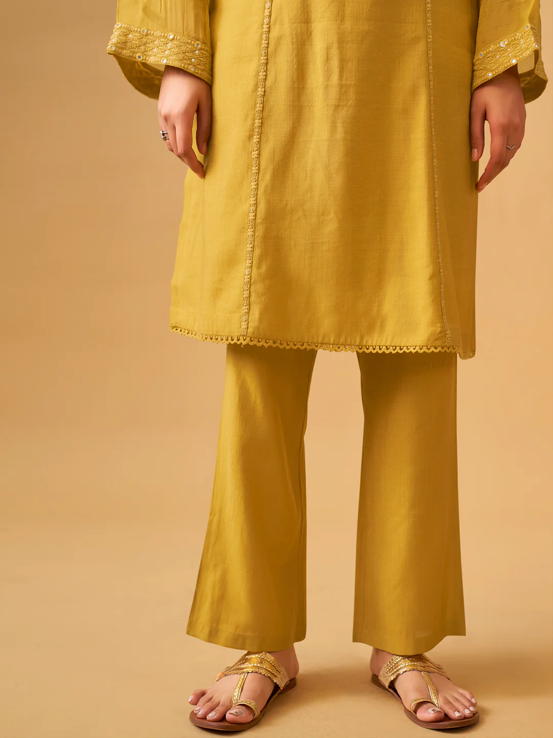 Sunlit Mustard Viscose Blend Kurta Set with Sheer Organza Dupatta - Image 6