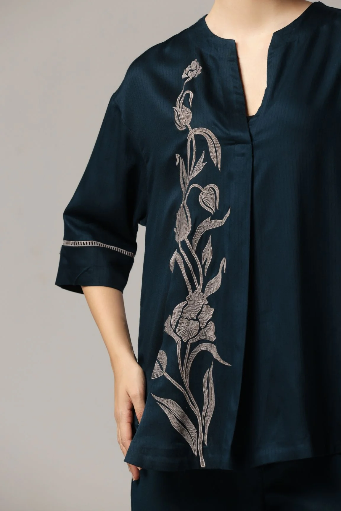 Teal Blue Floral Embroidered Cotton Satin Coord Set - Image 4