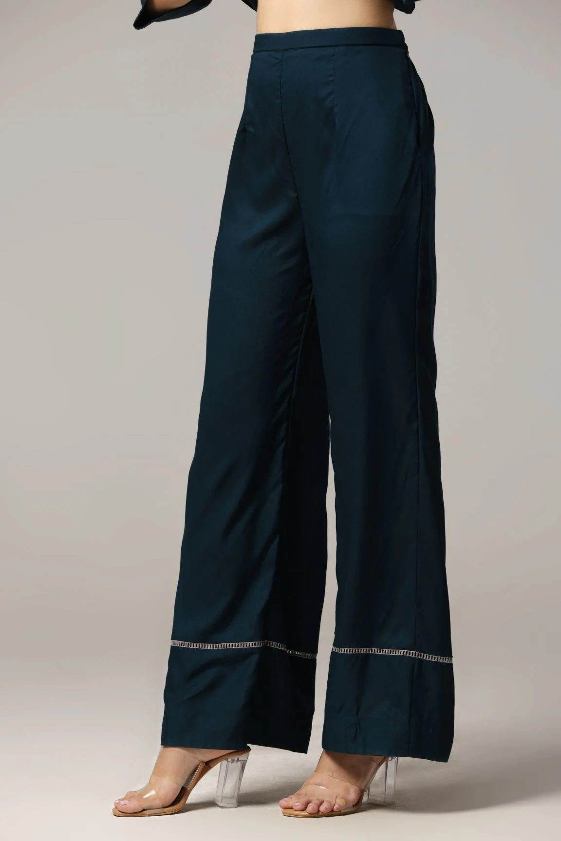 Teal Blue Floral Embroidered Cotton Satin Coord Set - Image 5