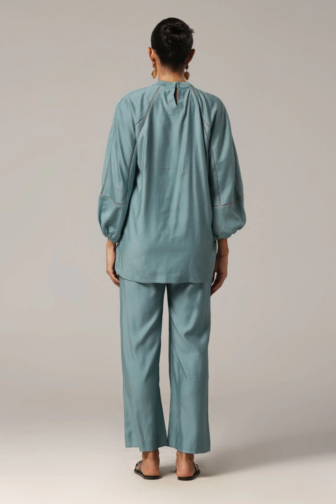 Teal Blue Pleated Floral Embroidered Co-ord Set - Image 3