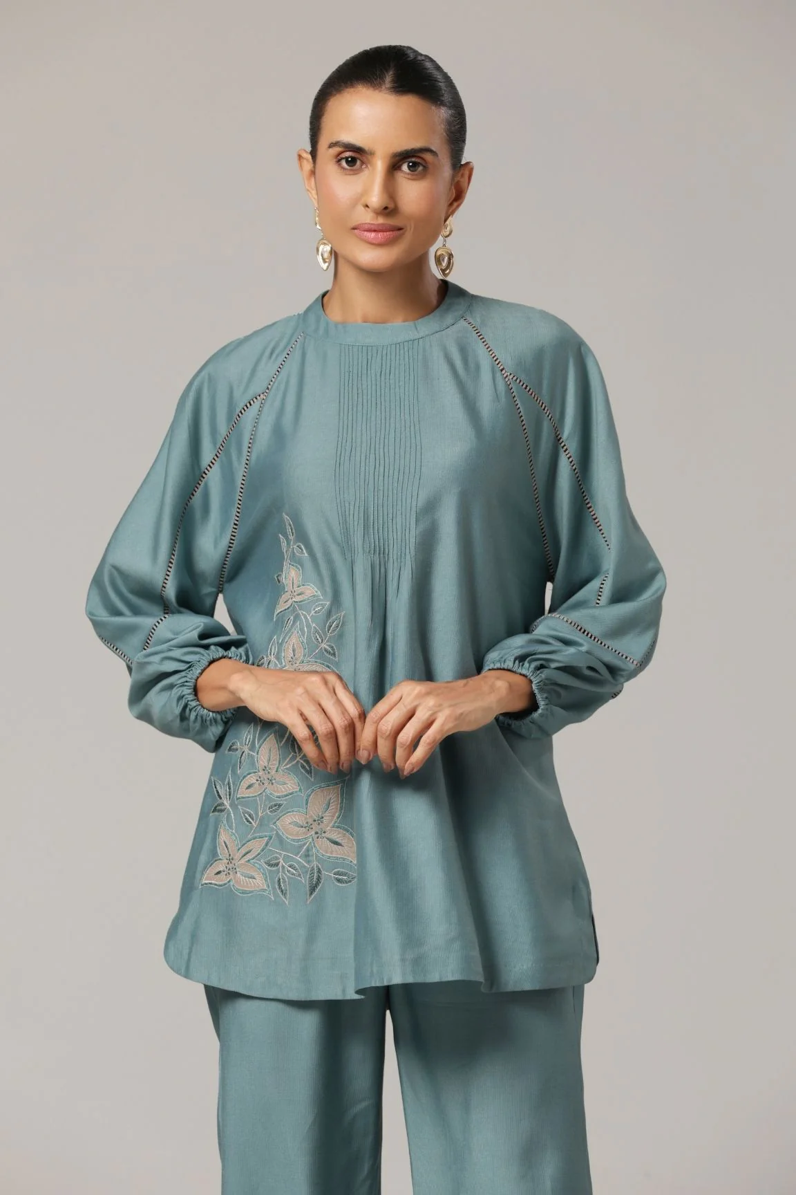 Teal Blue Pleated Floral Embroidered Co-ord Set - Image 4