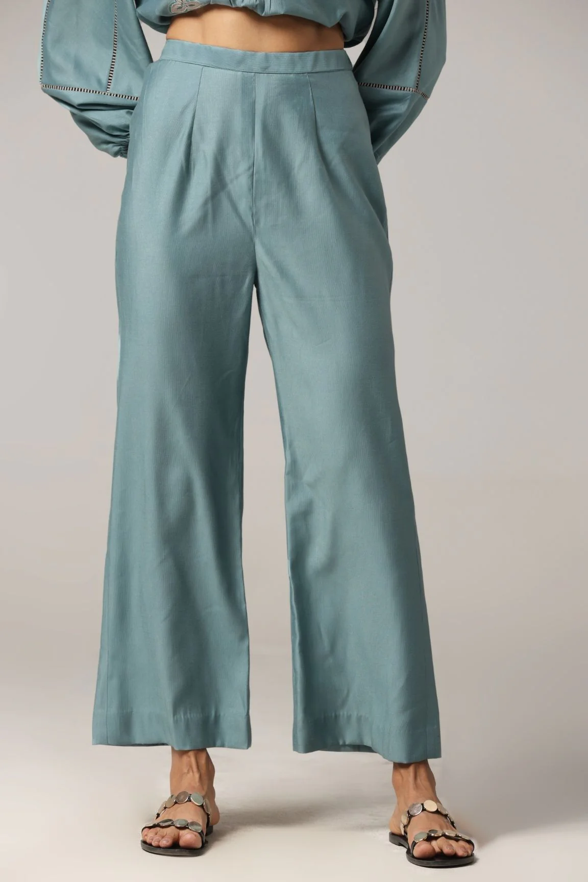 Teal Blue Pleated Floral Embroidered Co-ord Set - Image 5