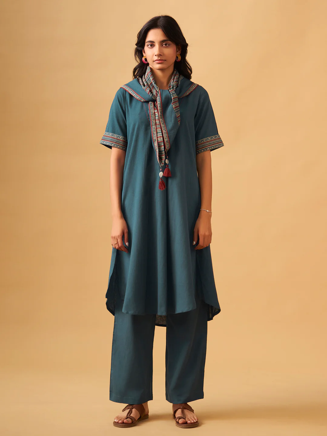 Textured Cotton Kurta Set with Matching Scarf - Image 2