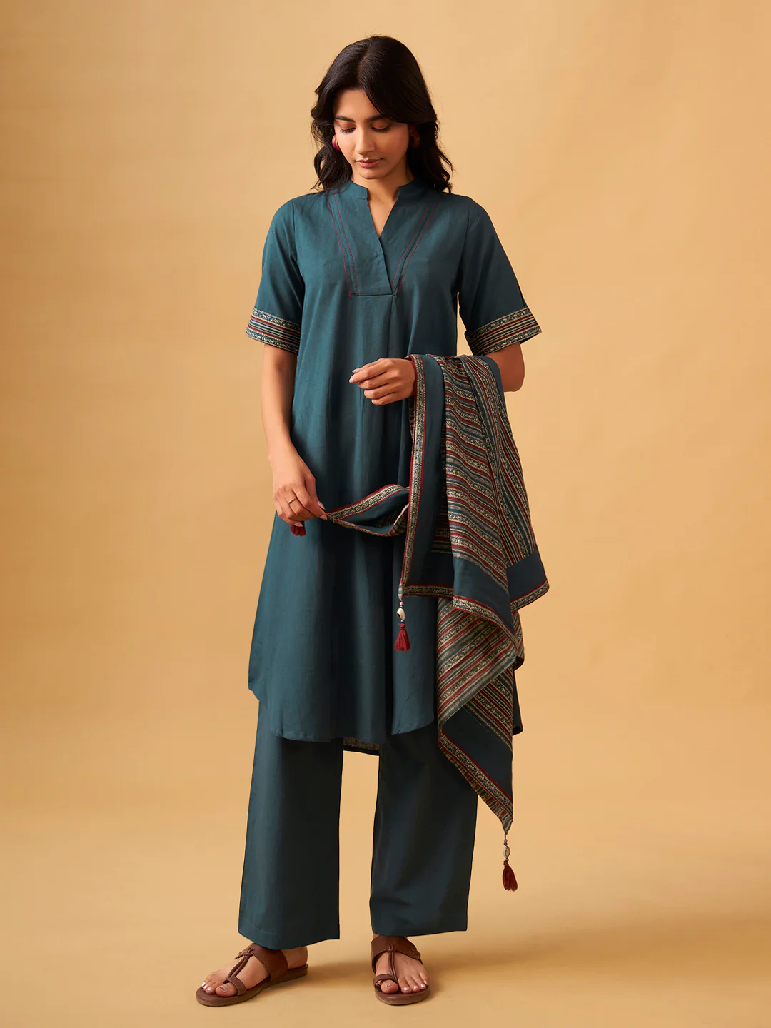 Textured Cotton Kurta Set with Matching Scarf - Image 4