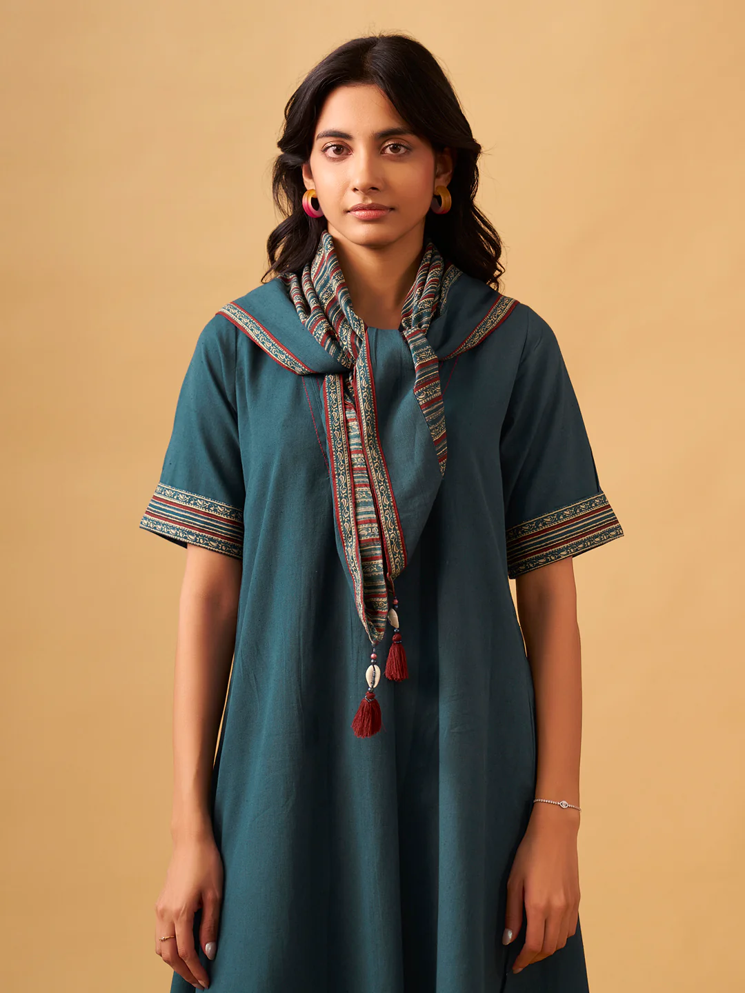 Textured Cotton Kurta Set with Matching Scarf - Image 5