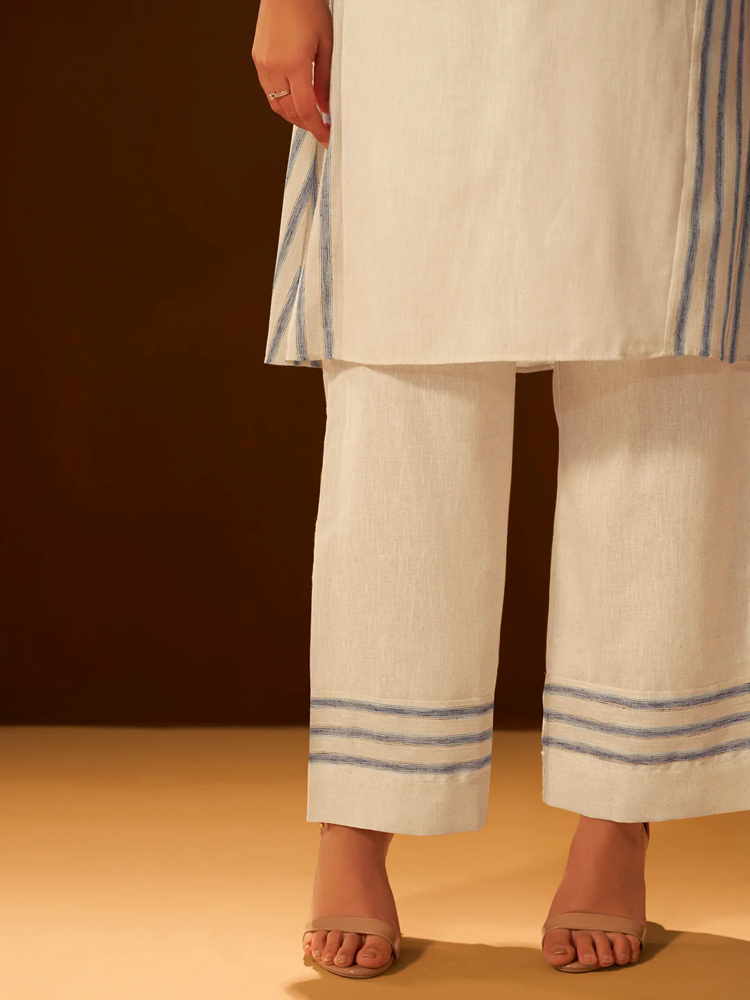 White and Blue Embroidered Cotton Kurta Set - Image 8