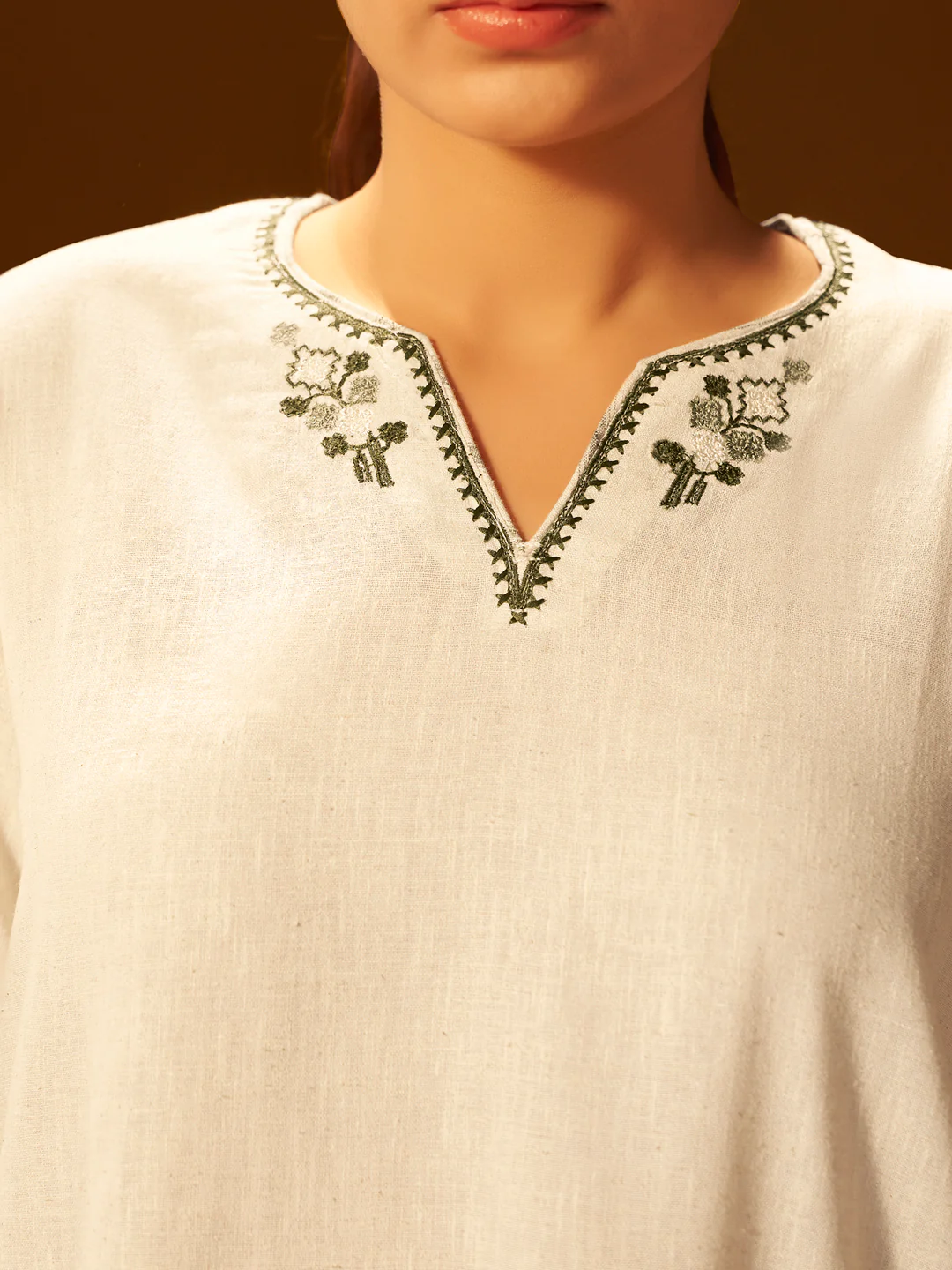 White and Green Embroidered Cotton Kurta Set - Image 3