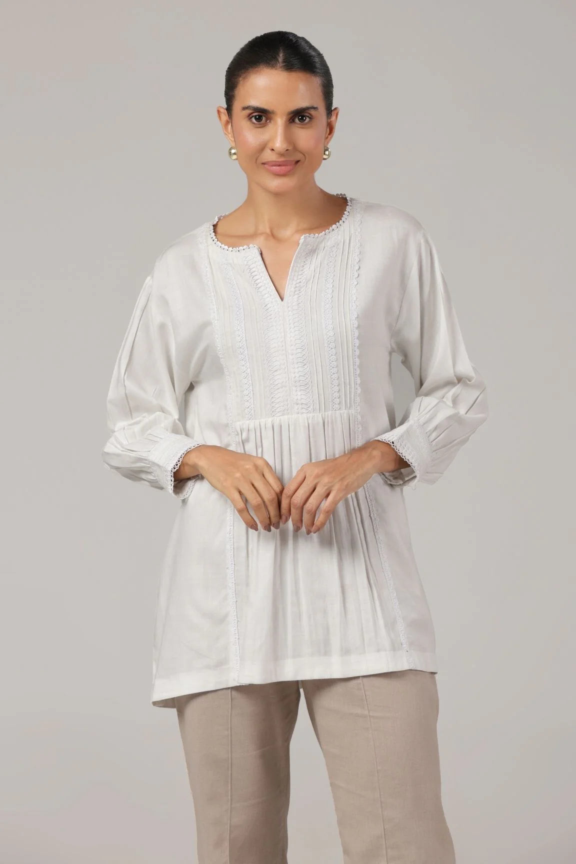 White Pintuck Lace Trimmed Organic Cotton Top - Image 4