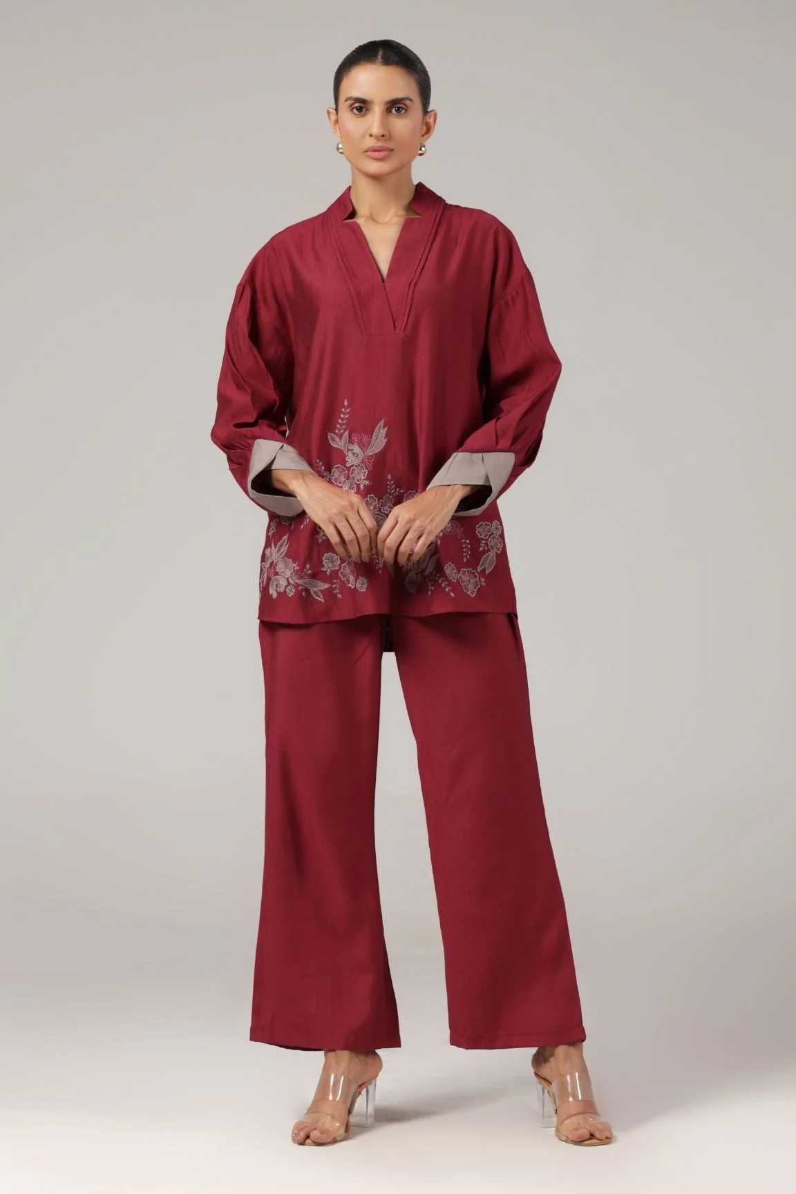 Wine Floral Embroidered Relaxed Co-ord Set