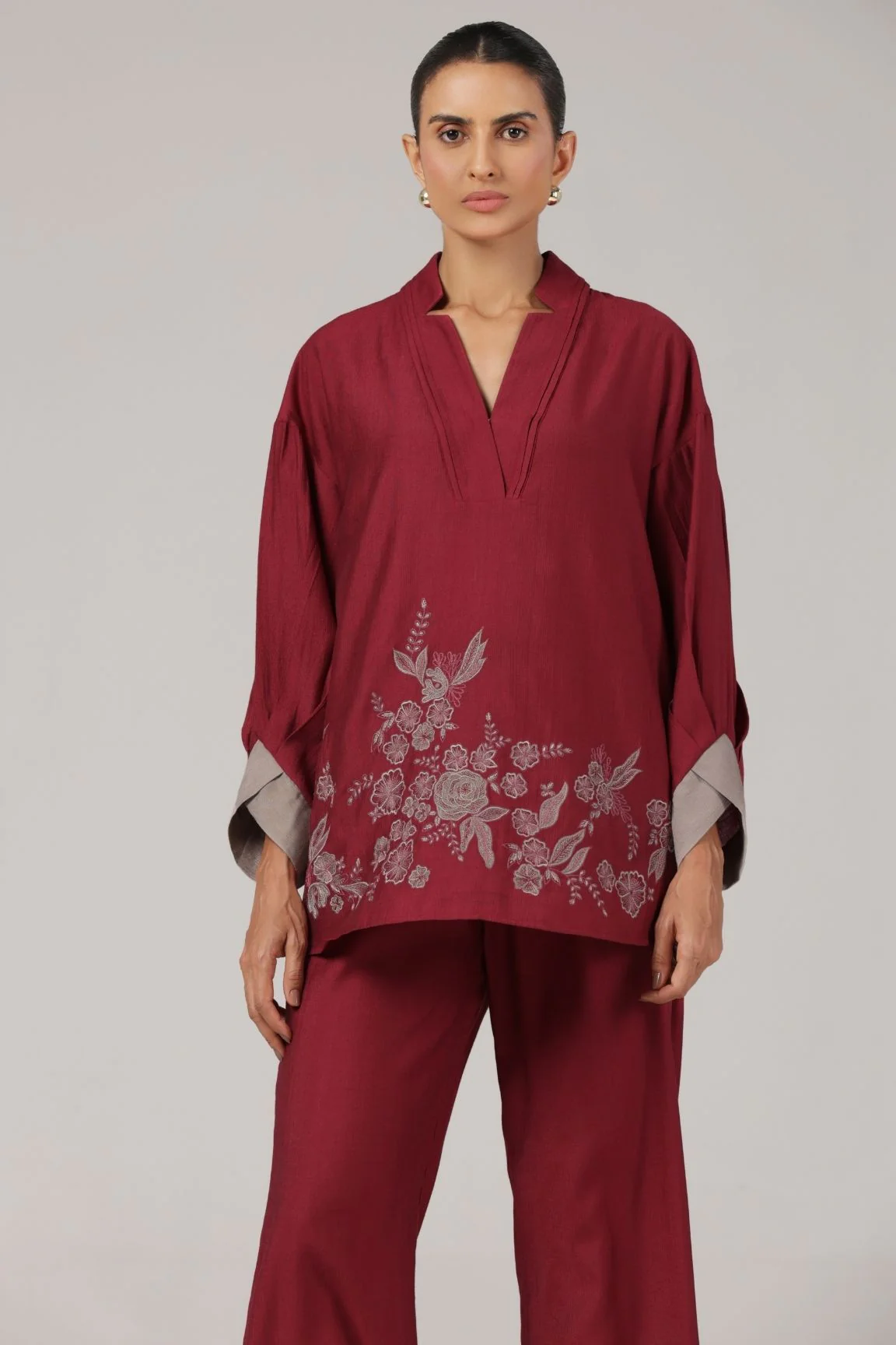 Wine Floral Embroidered Relaxed Co-ord Set - Image 2