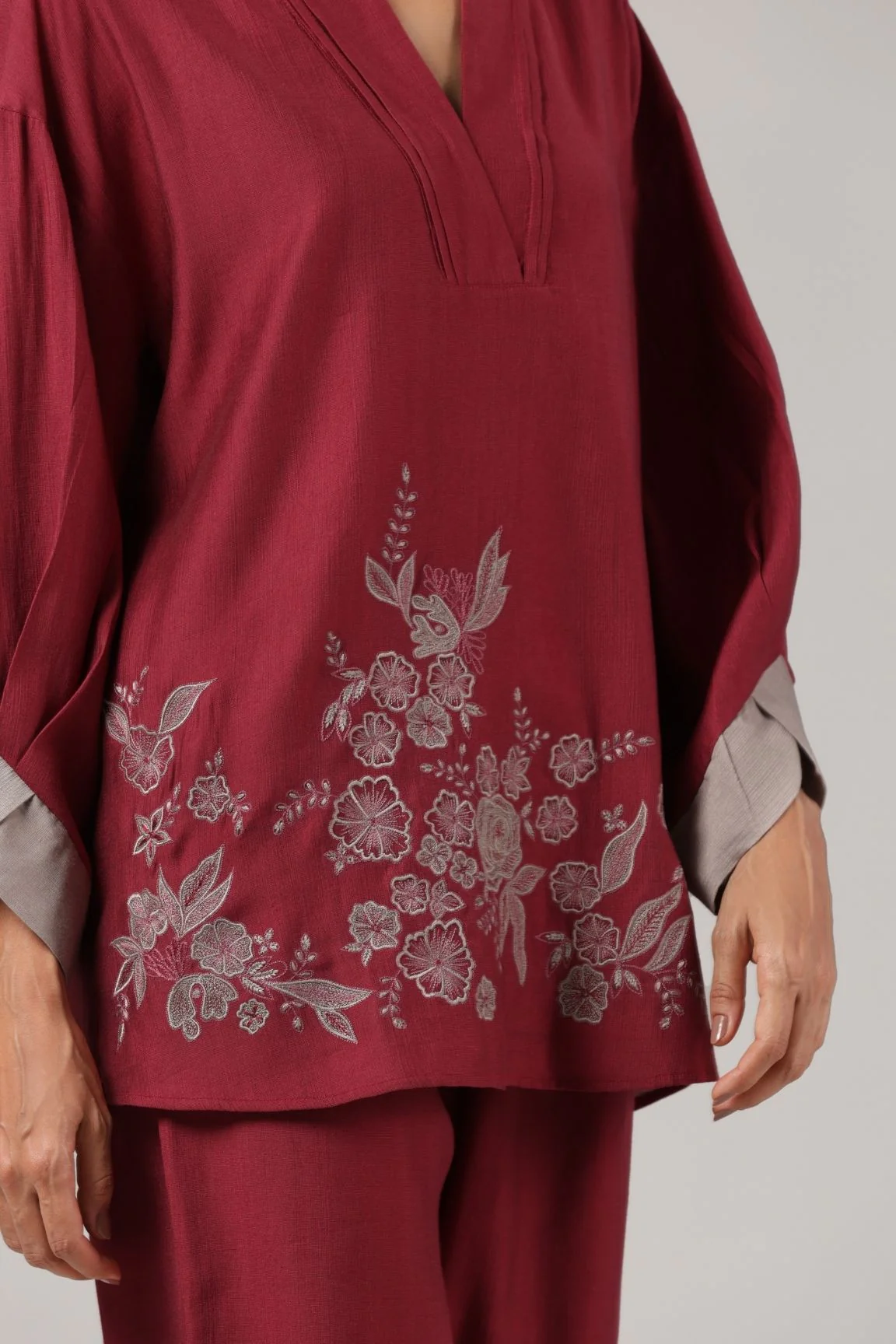 Wine Floral Embroidered Relaxed Co-ord Set - Image 4