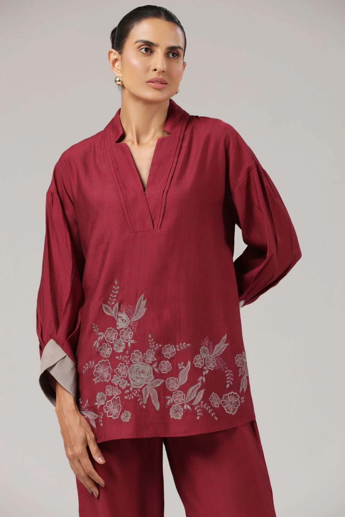 Wine Floral Embroidered Relaxed Co-ord Set - Image 5