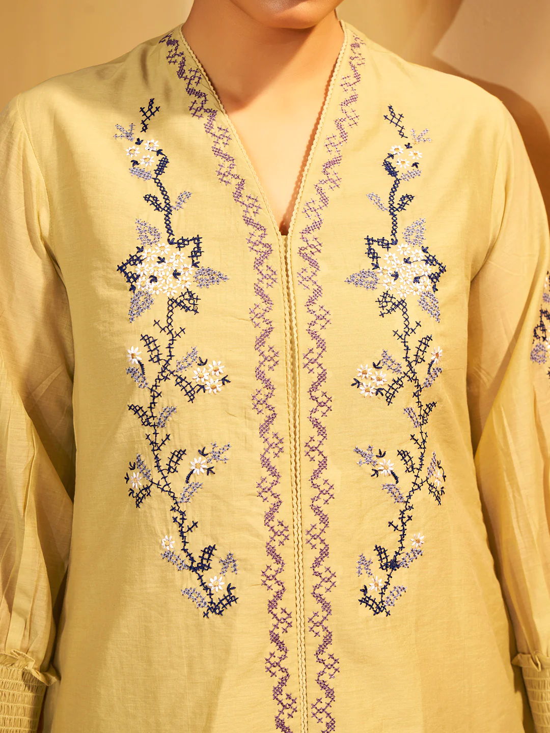 Yellow Floral Embroidered Cotton Kurta Set - Image 5